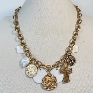 Coin Cross Pearl Charm Necklace Gold-Tone Chain Dangle Religious Medallions‎